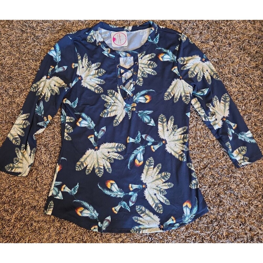 DNA Couture Womens Blouse Size Lg Blue Feather Print NWT NEW